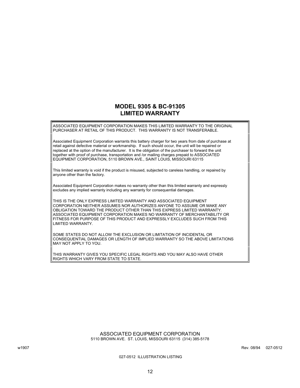 Associated Equipment BC-91305 User Manual | Page 12 / 13
