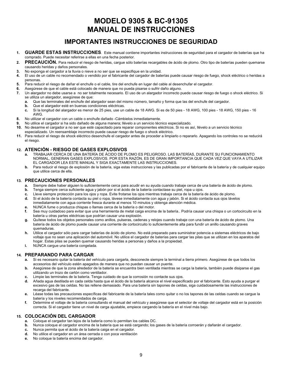 Importantes instrucciones de seguridad | Associated Equipment BC-91305 User Manual | Page 9 / 13