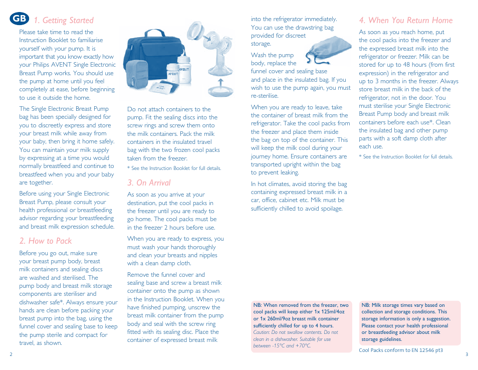 Getting started, How to pack, When you return home | On arrival | Philips AVENT Tire-lait électronique User Manual | Page 2 / 6