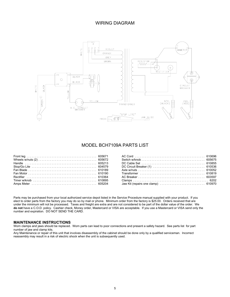 Wiring diagram model bch7109a parts list | Associated Equipment BCH7109A User Manual | Page 5 / 6