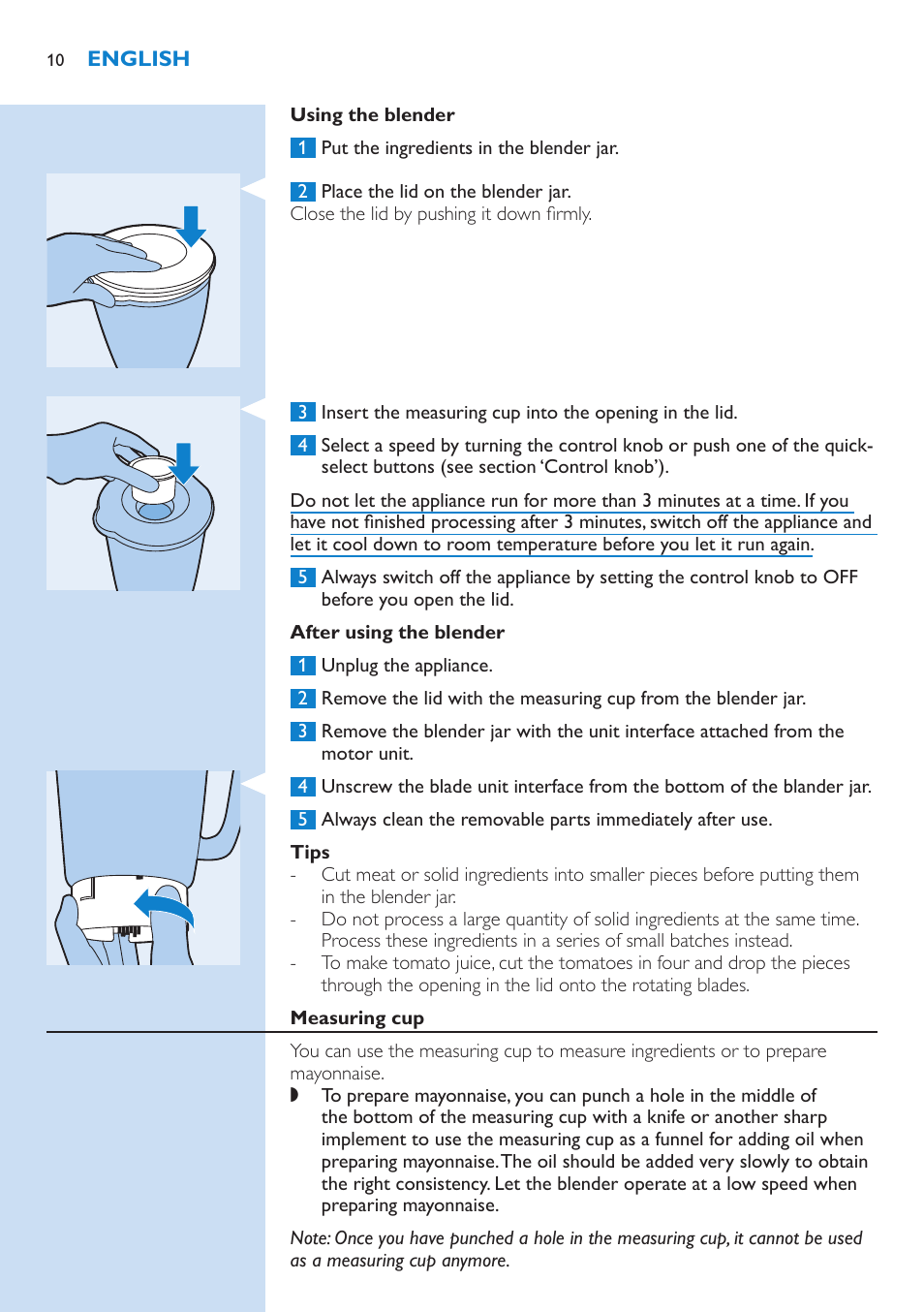 After using the blender, Tips, Measuring cup | Philips Aluminium Collection Blender User Manual | Page 10 / 130