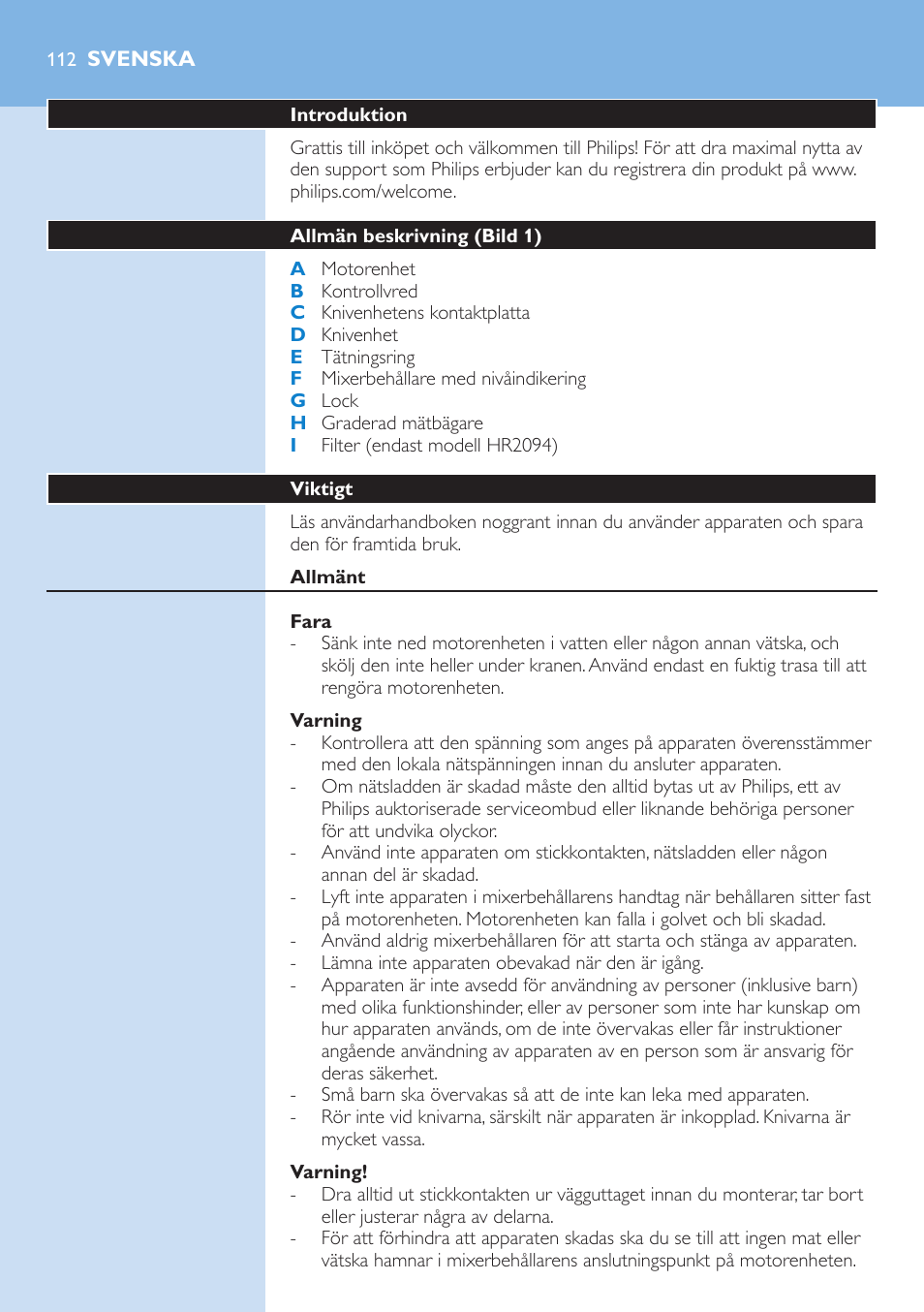 Svenska, Introduktion, Allmän beskrivning (bild 1) | Viktigt, Allmänt, Fara, Varning | Philips Aluminium Collection Blender User Manual | Page 112 / 130