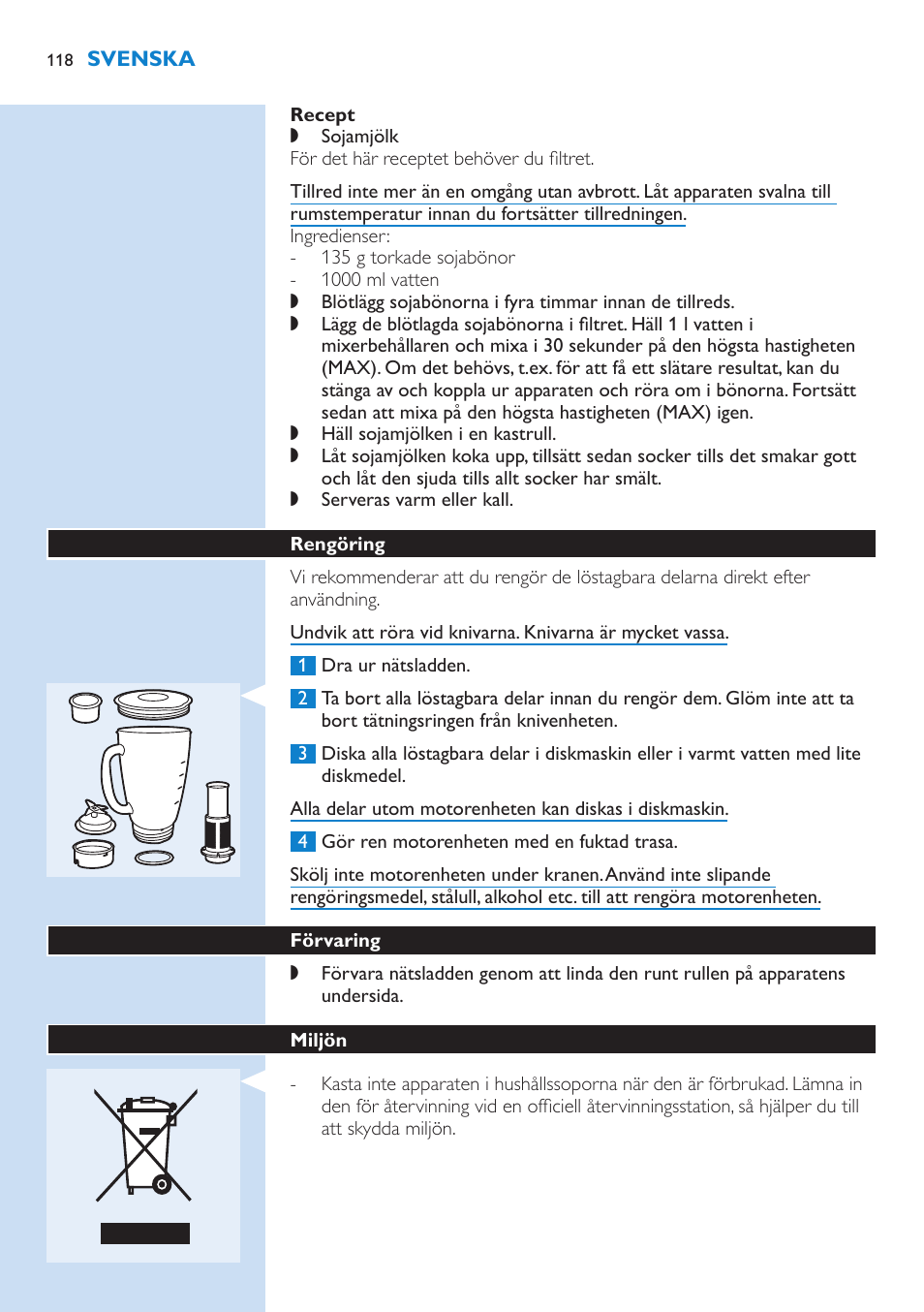 Rengöring, Förvaring, Miljön | Philips Aluminium Collection Blender User Manual | Page 118 / 130