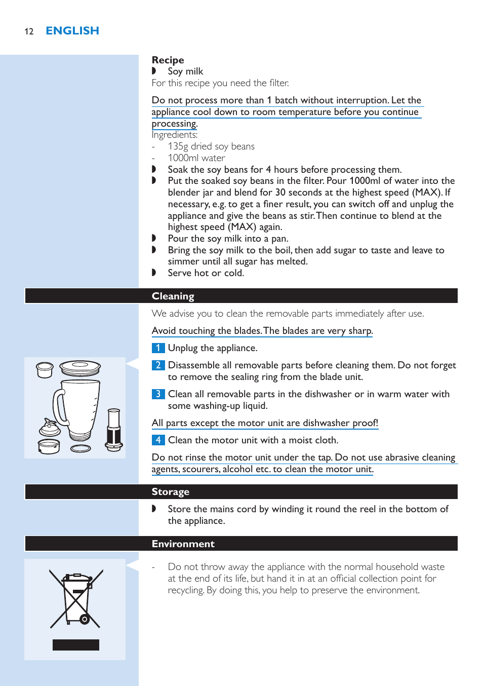 Recipe, Cleaning, Storage | Environment | Philips Aluminium Collection Blender User Manual | Page 12 / 130
