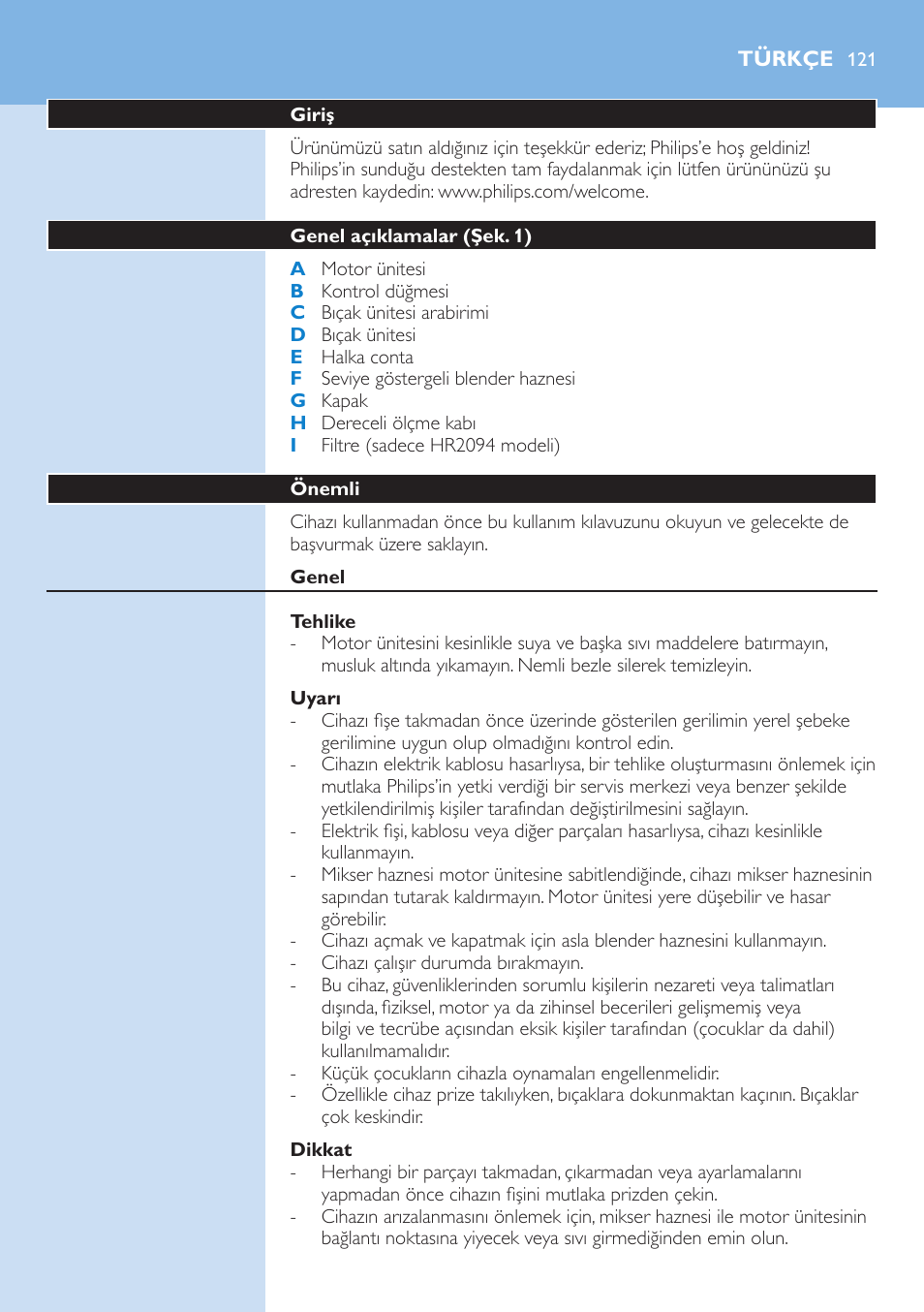 Türkçe, Giriş, Genel açıklamalar (şek. 1) | Önemli, Genel, Tehlike, Uyarı, Dikkat | Philips Aluminium Collection Blender User Manual | Page 121 / 130