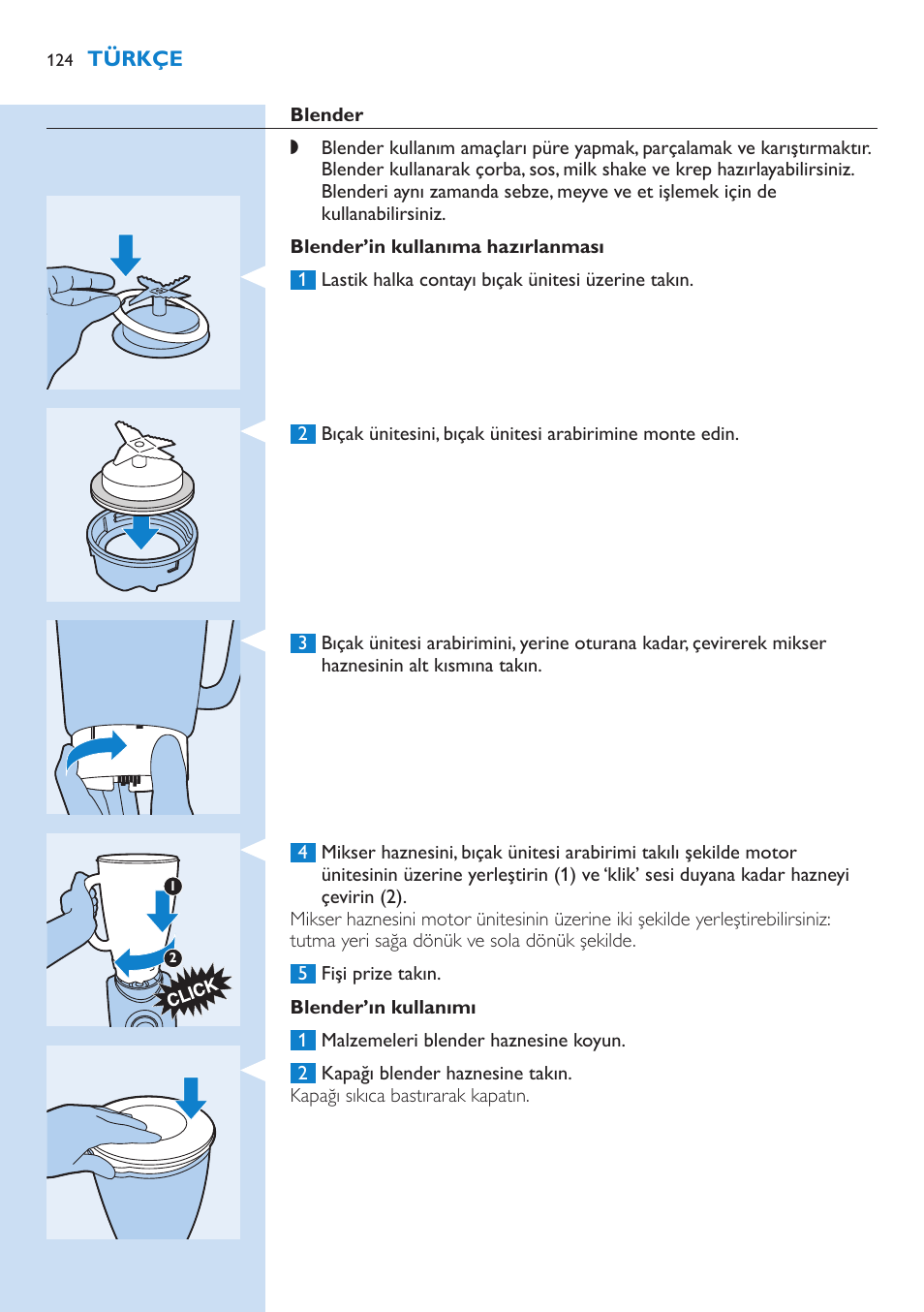 Blender’in kullanıma hazırlanması, Blender’ın kullanımı | Philips Aluminium Collection Blender User Manual | Page 124 / 130