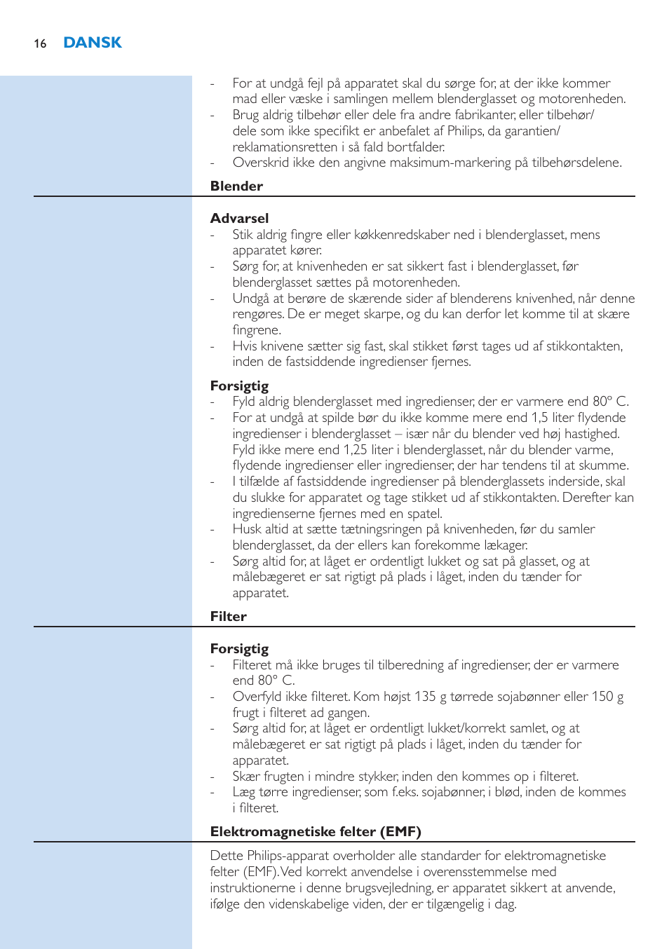 Blender, Advarsel, Forsigtig | Filter, Elektromagnetiske felter (emf) | Philips Aluminium Collection Blender User Manual | Page 16 / 130
