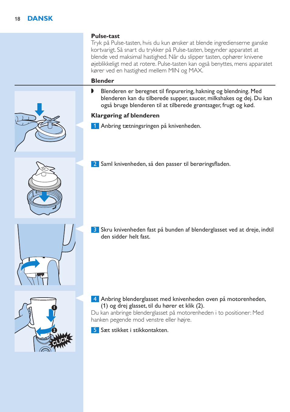 Pulse-tast, Blender, Klargøring af blenderen | Sådan bruges blenderen | Philips Aluminium Collection Blender User Manual | Page 18 / 130