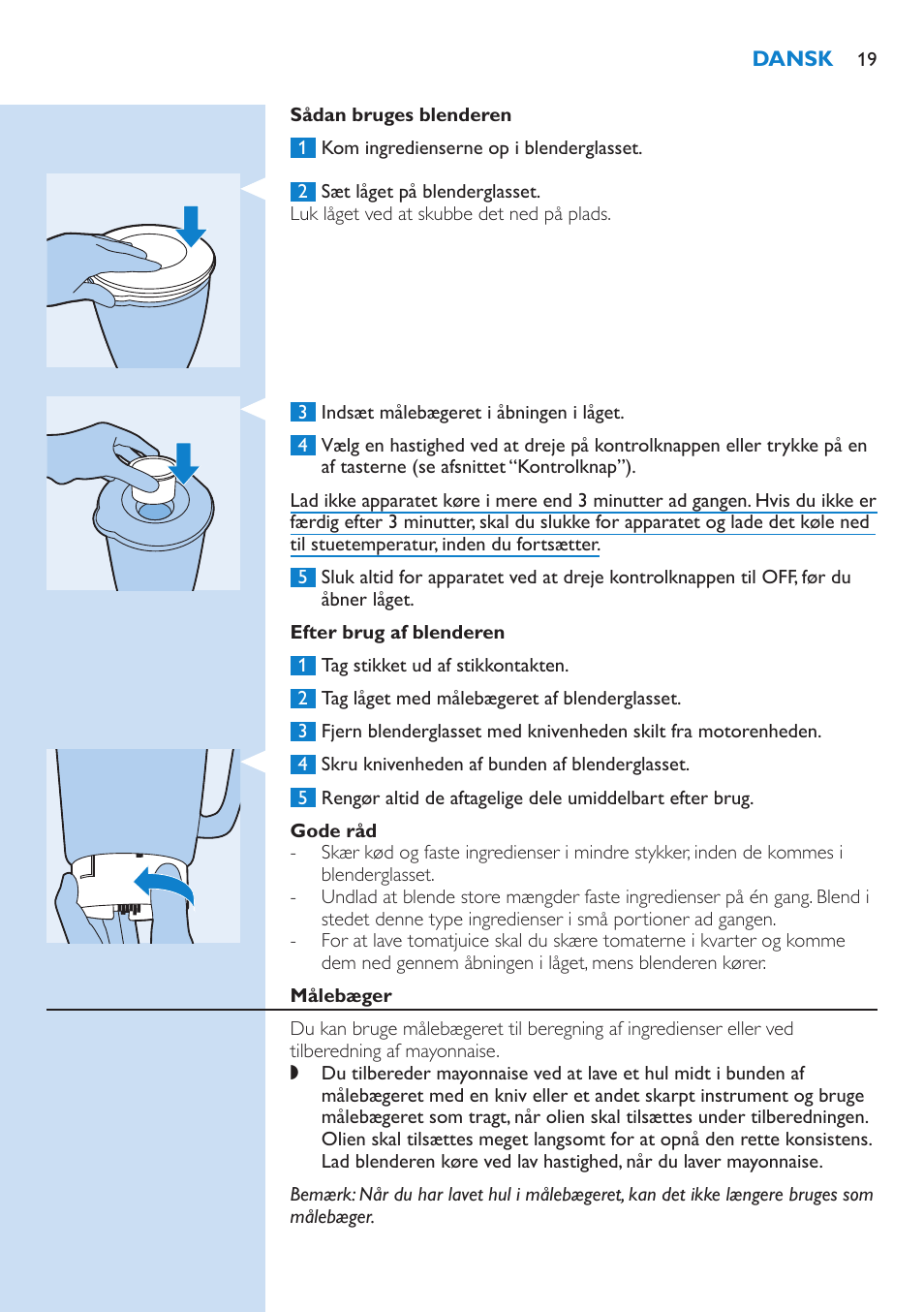 Efter brug af blenderen, Gode råd, Målebæger | Philips Aluminium Collection Blender User Manual | Page 19 / 130
