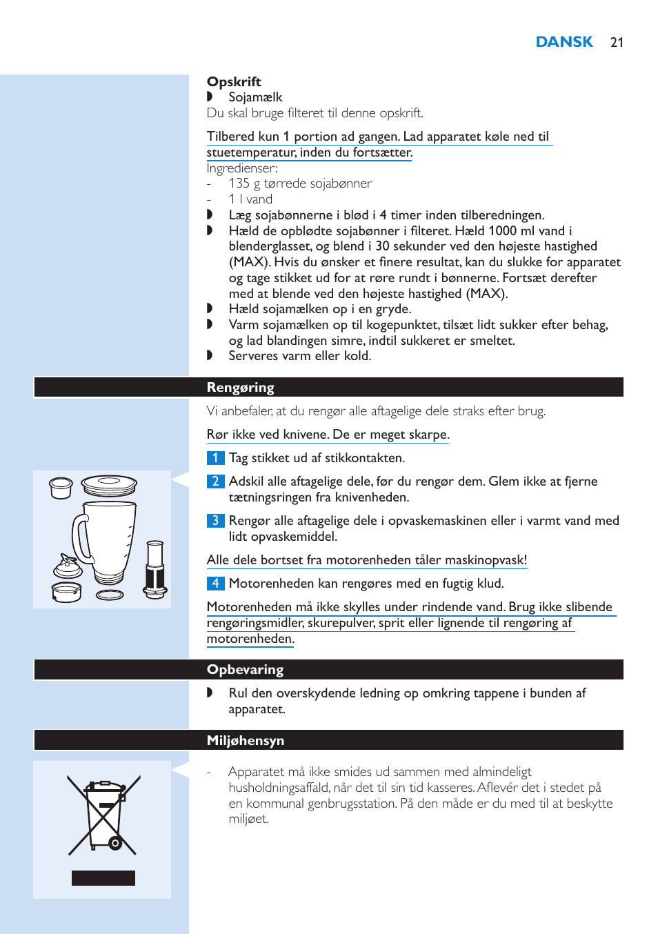 Opskrift, Rengøring, Opbevaring | Miljøhensyn | Philips Aluminium Collection Blender User Manual | Page 21 / 130