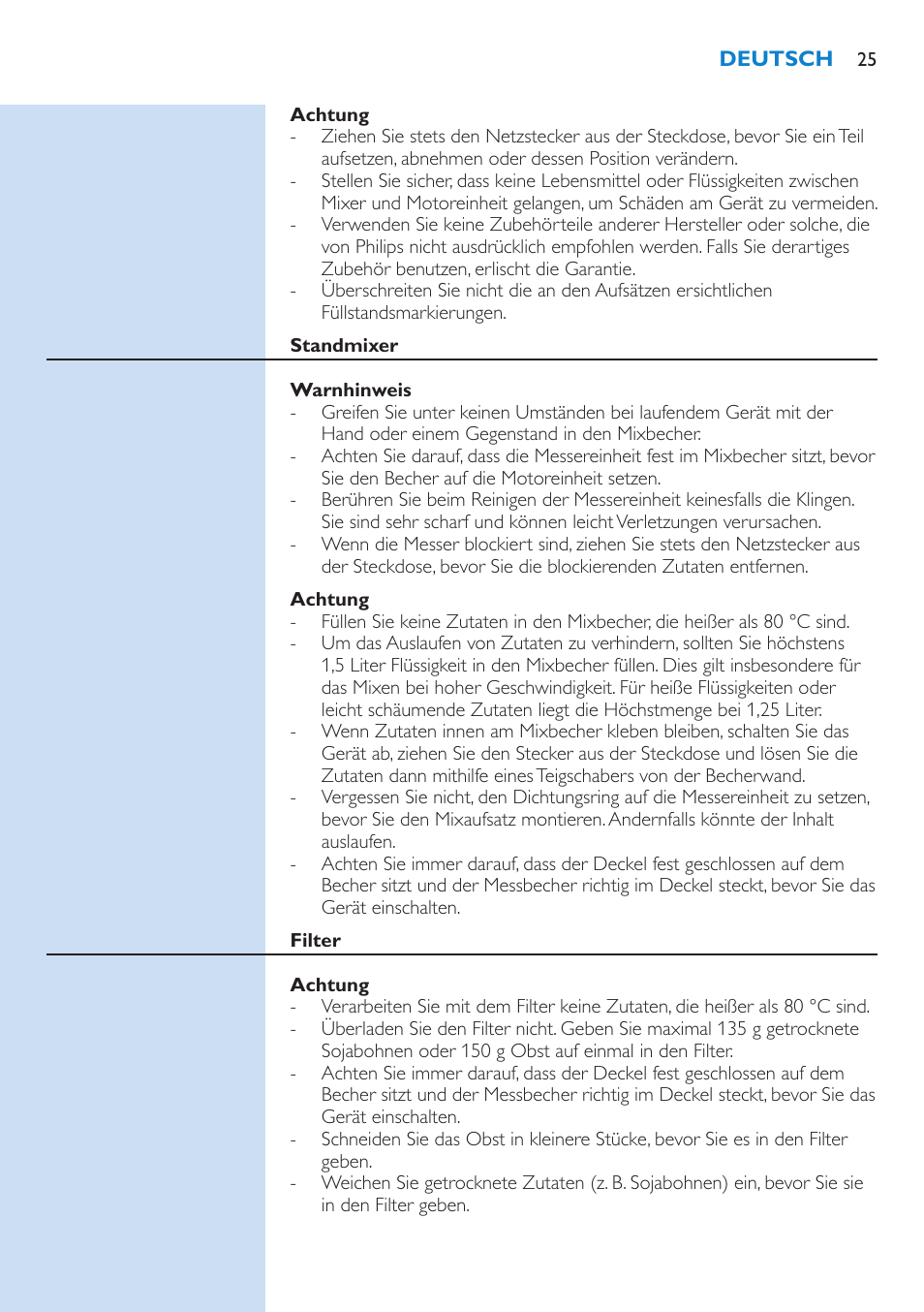 Achtung, Standmixer, Warnhinweis | Filter | Philips Aluminium Collection Blender User Manual | Page 25 / 130