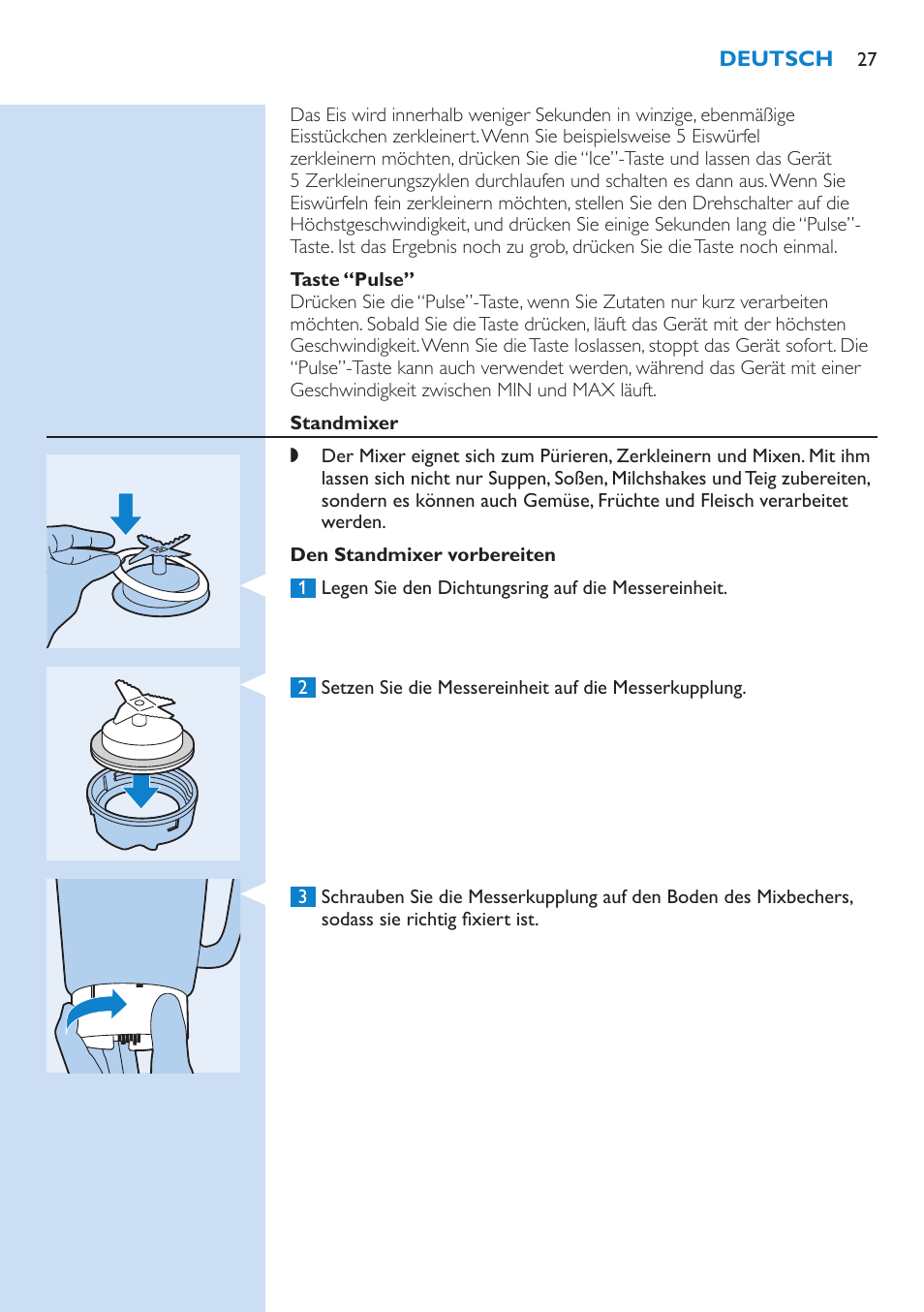 Taste “pulse, Standmixer, Den standmixer vorbereiten | Philips Aluminium Collection Blender User Manual | Page 27 / 130