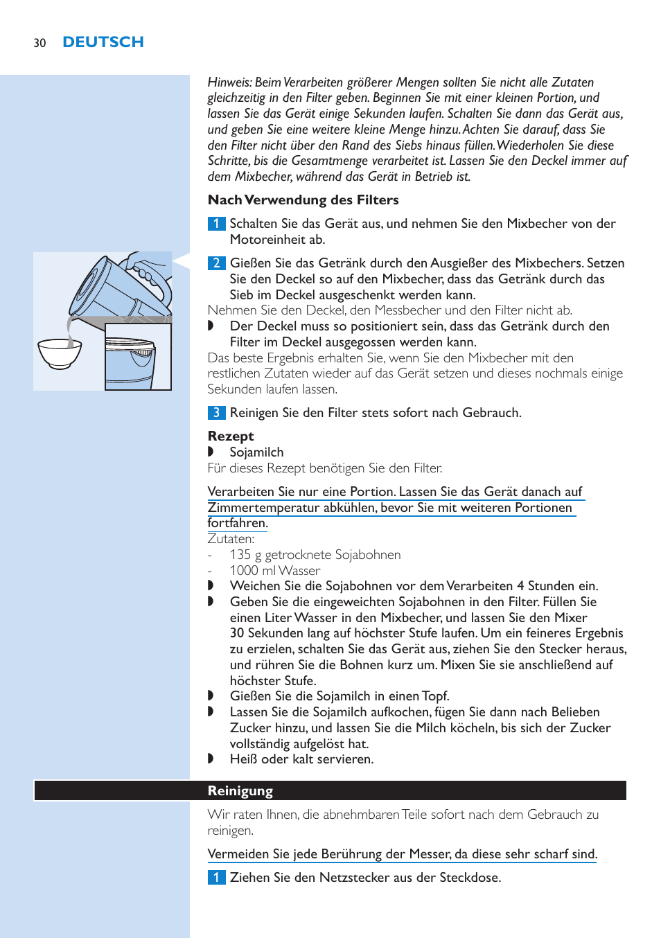 Nach verwendung des filters, Rezept, Reinigung | Philips Aluminium Collection Blender User Manual | Page 30 / 130