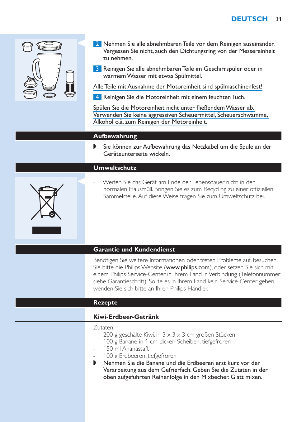 Aufbewahrung, Umweltschutz, Garantie und kundendienst | Rezepte, Kiwi-erdbeer-getränk, Fruchtshake | Philips Aluminium Collection Blender User Manual | Page 31 / 130