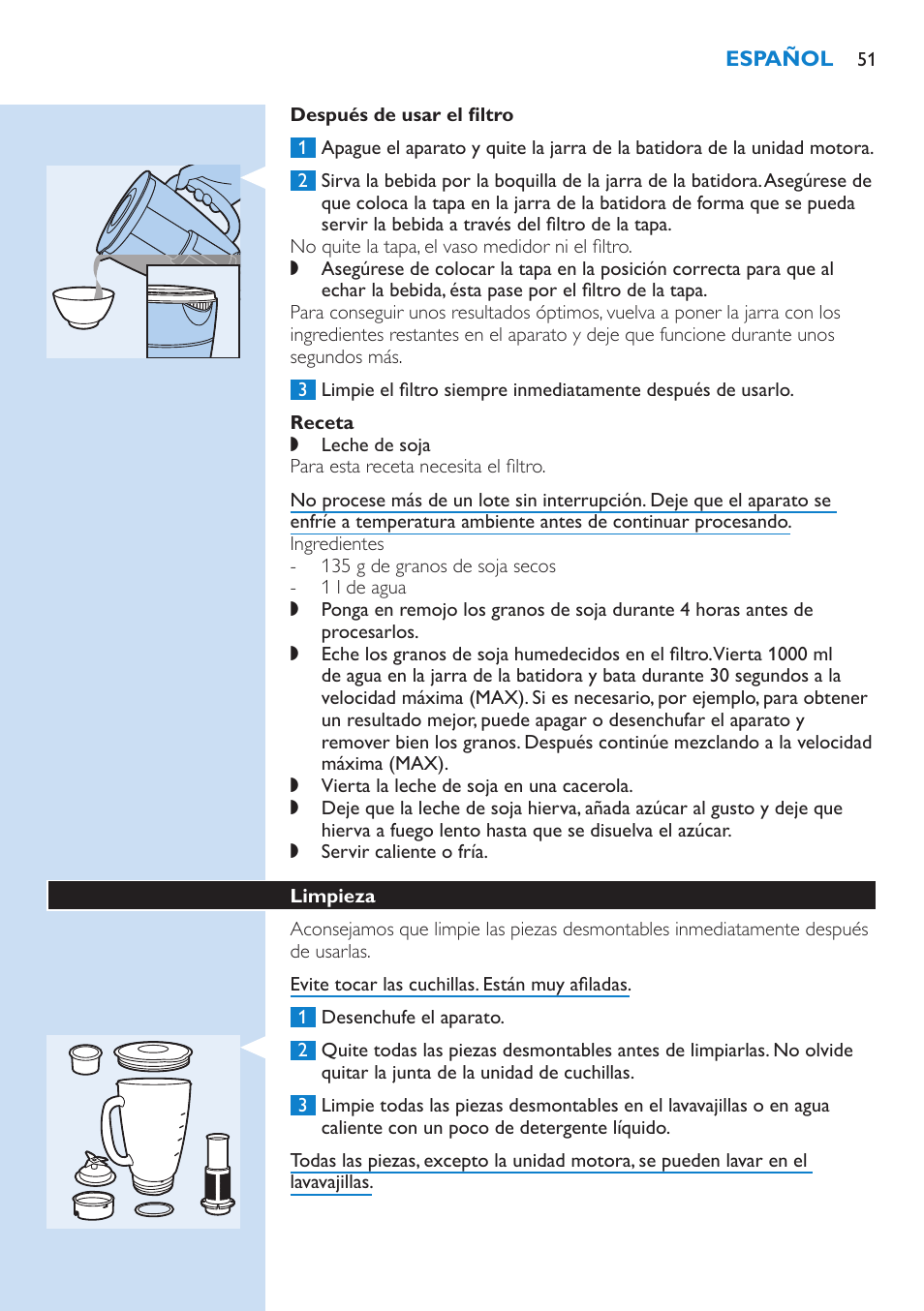 Receta, Limpieza | Philips Aluminium Collection Blender User Manual | Page 51 / 130