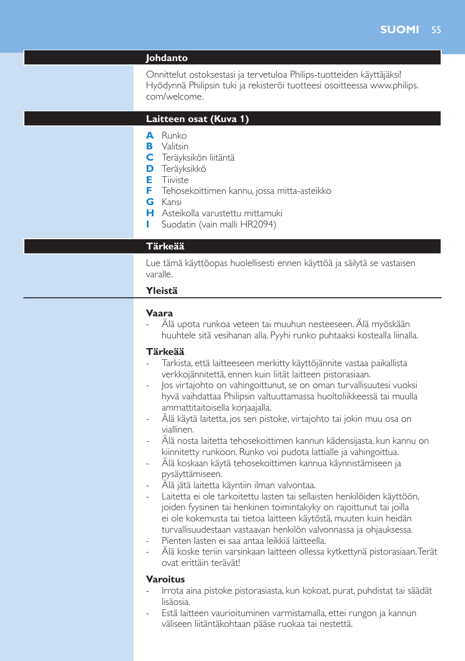 Suomi, Johdanto, Laitteen osat (kuva 1) | Tärkeää, Yleistä, Vaara, Varoitus | Philips Aluminium Collection Blender User Manual | Page 55 / 130