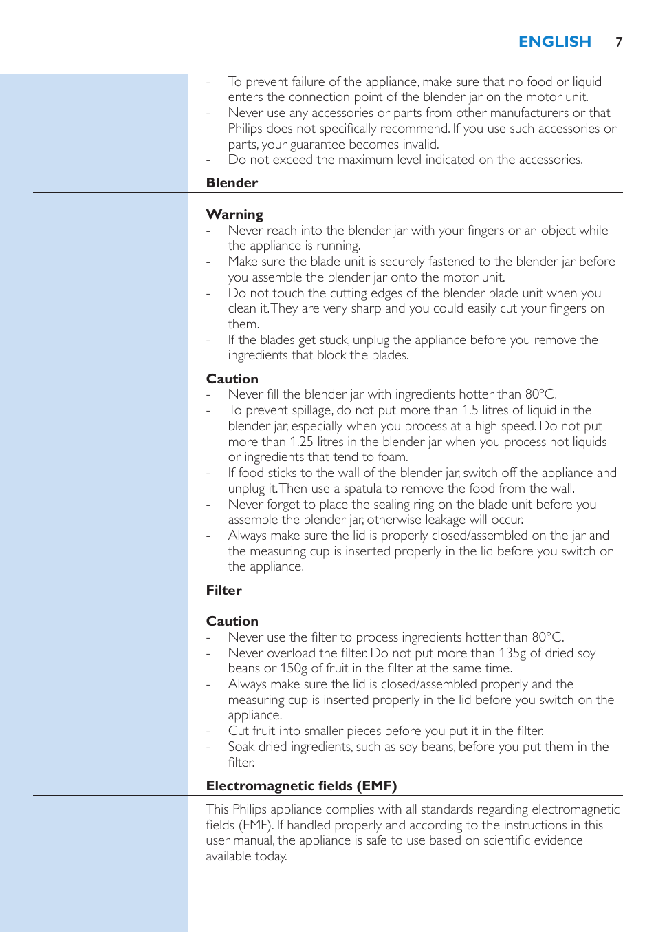 Blender, Warning, Caution | Filter, Electromagnetic fields (emf) | Philips Aluminium Collection Blender User Manual | Page 7 / 130