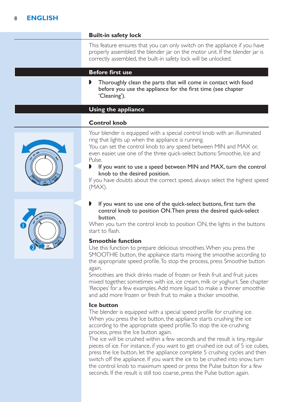 Built-in safety lock, Before first use, Using the appliance | Control knob, Smoothie function, Ice button | Philips Aluminium Collection Blender User Manual | Page 8 / 130