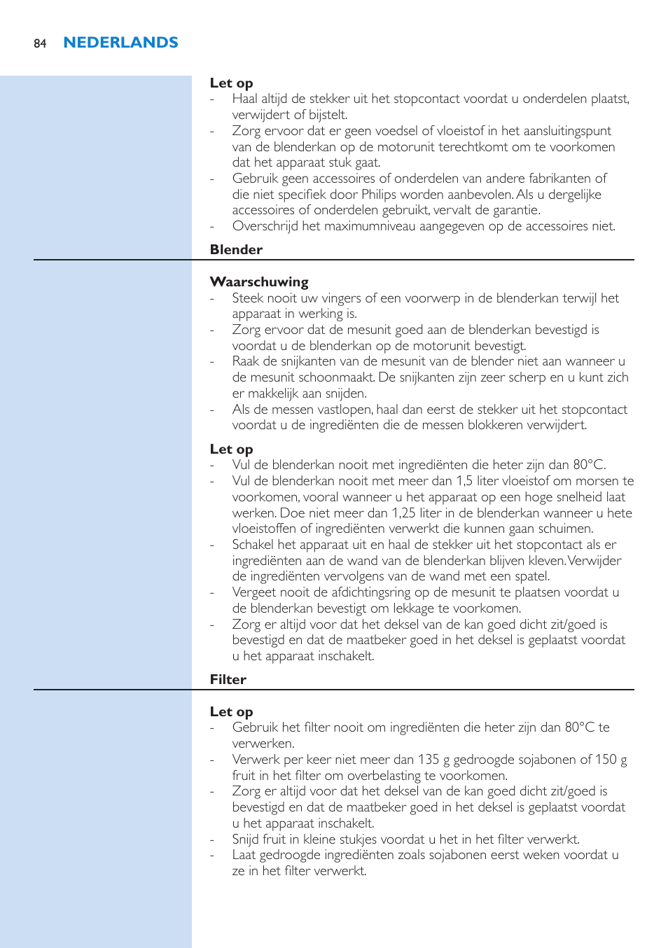 Let op, Blender, Waarschuwing | Filter | Philips Aluminium Collection Blender User Manual | Page 84 / 130