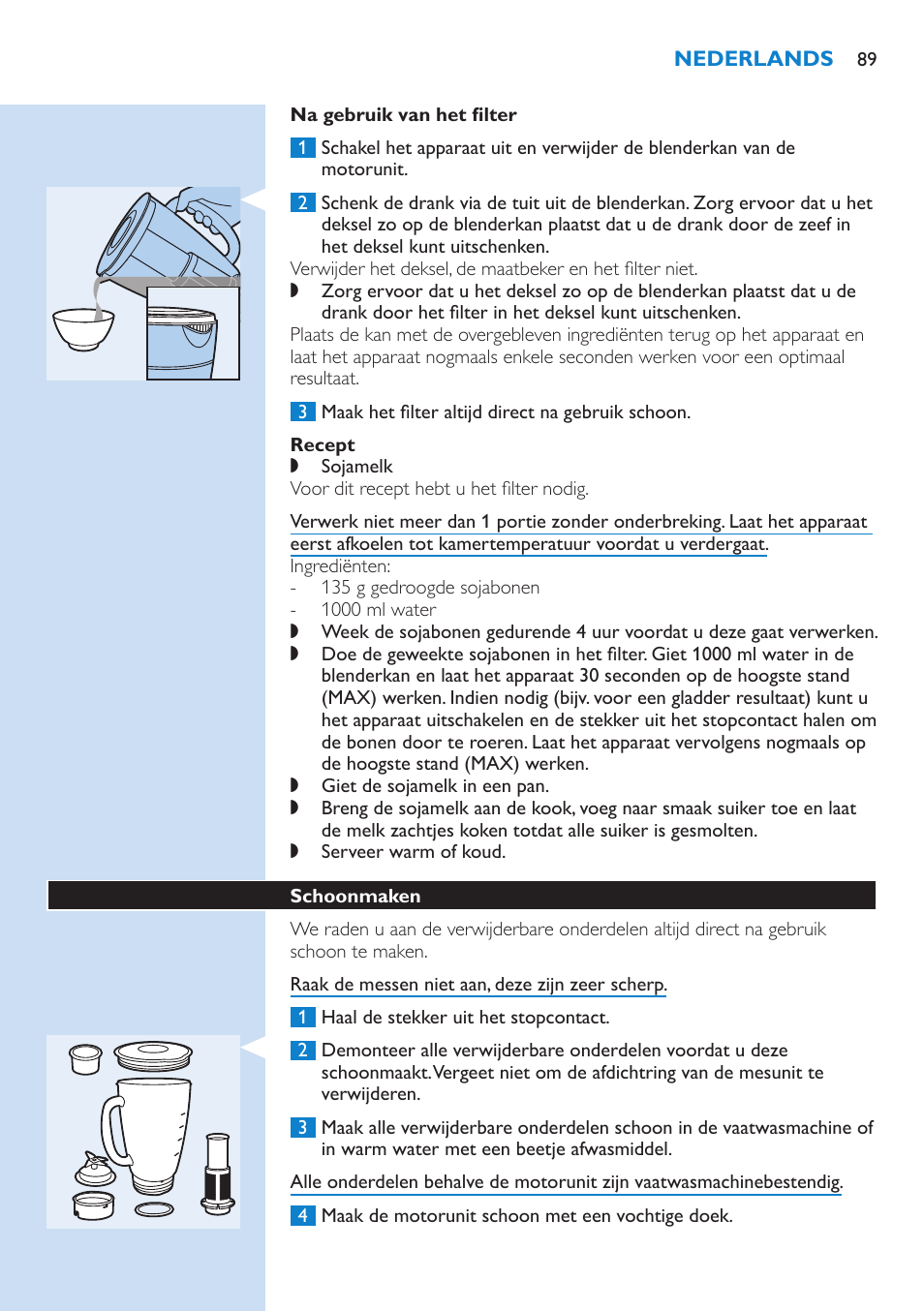 Na gebruik van het filter, Recept, Schoonmaken | Philips Aluminium Collection Blender User Manual | Page 89 / 130