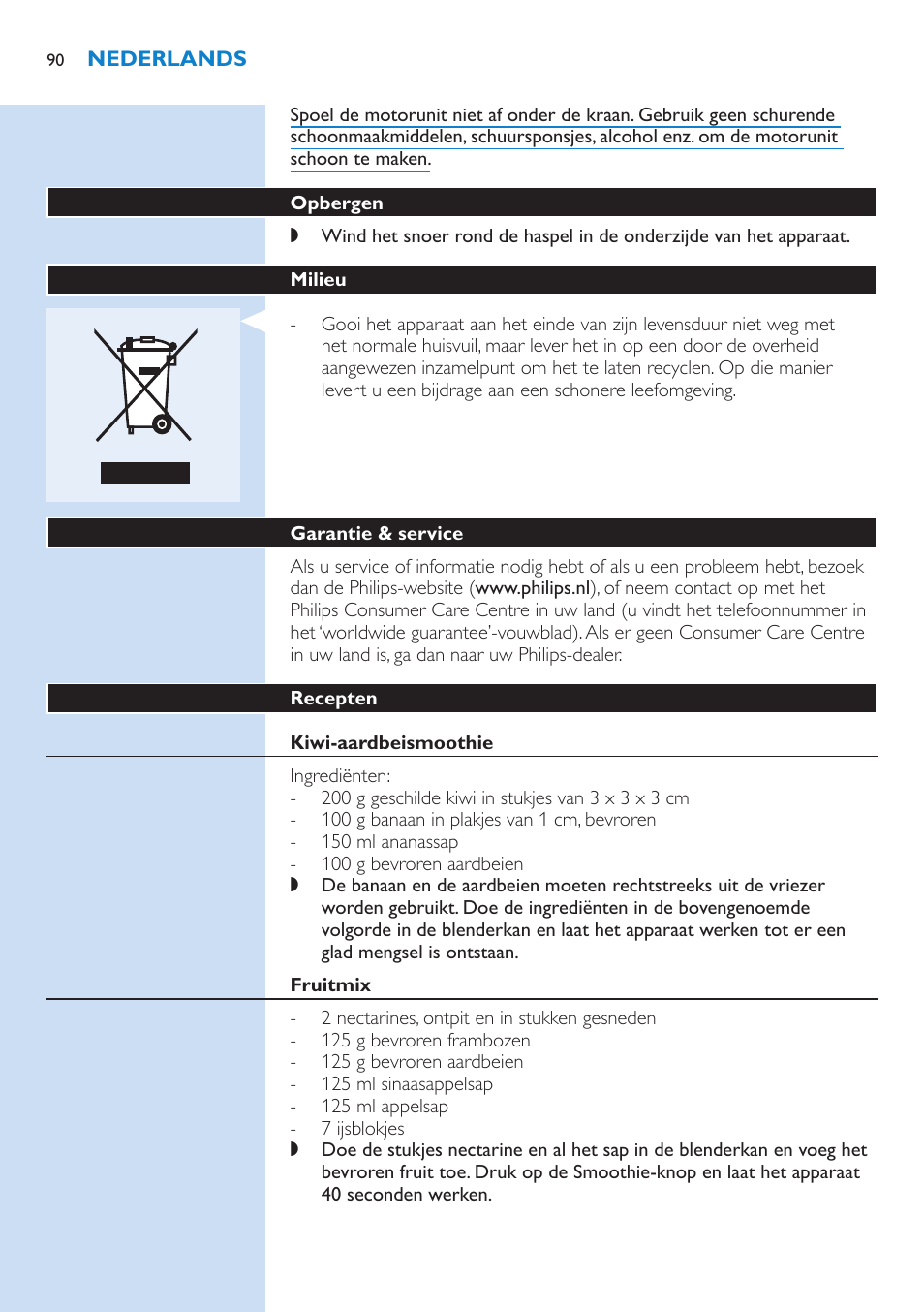Opbergen, Milieu, Garantie & service | Recepten, Kiwi-aardbeismoothie, Fruitmix, Vanille-ijskoffie | Philips Aluminium Collection Blender User Manual | Page 90 / 130