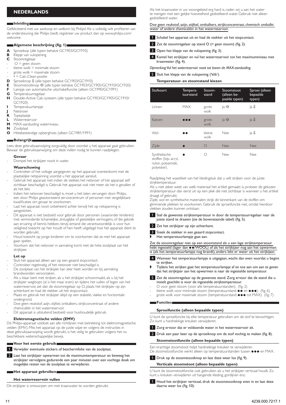 Nederlands | Philips 1900 series Fer vapeur User Manual | Page 11 / 13