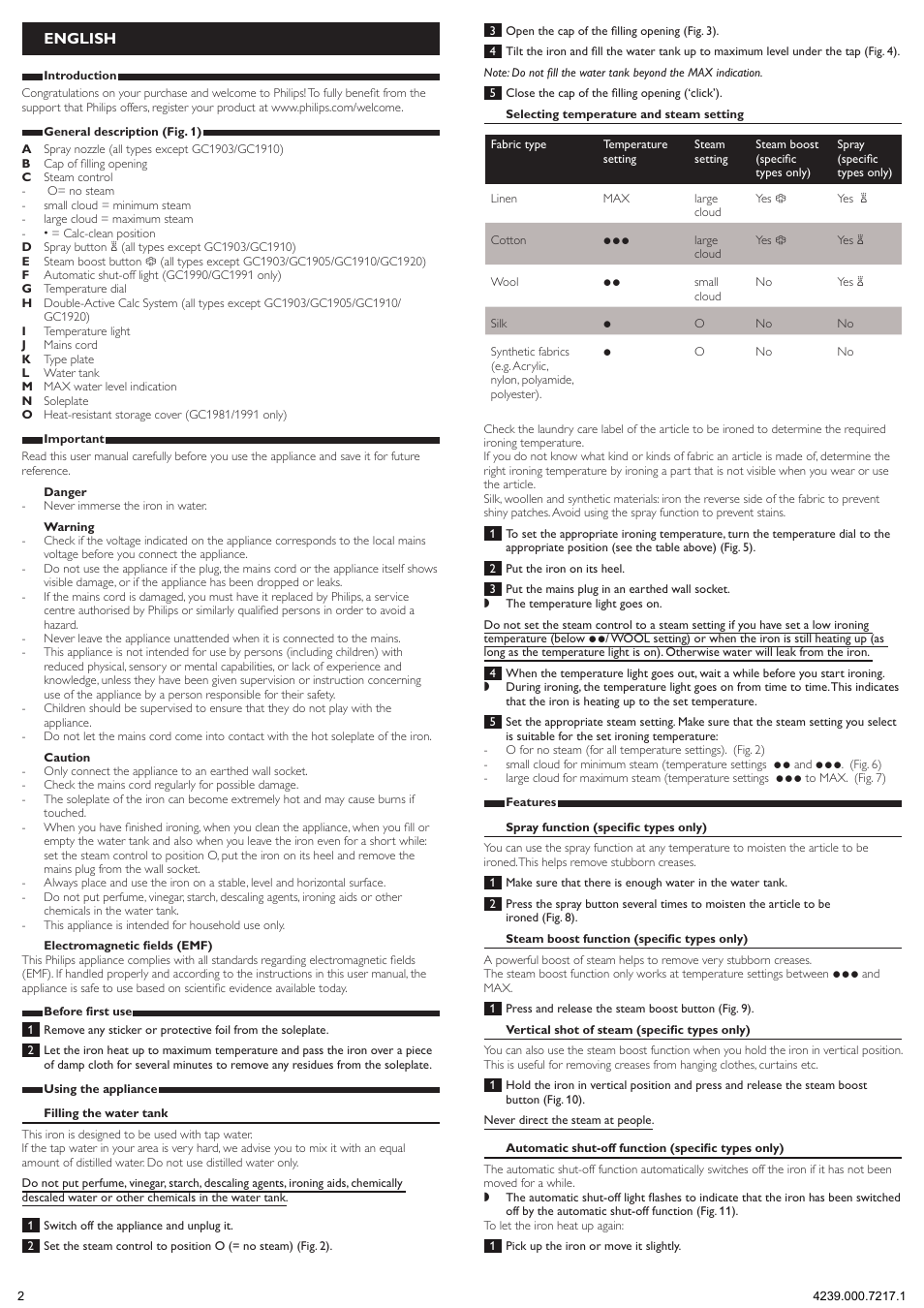 English | Philips 1900 series Fer vapeur User Manual | Page 2 / 13