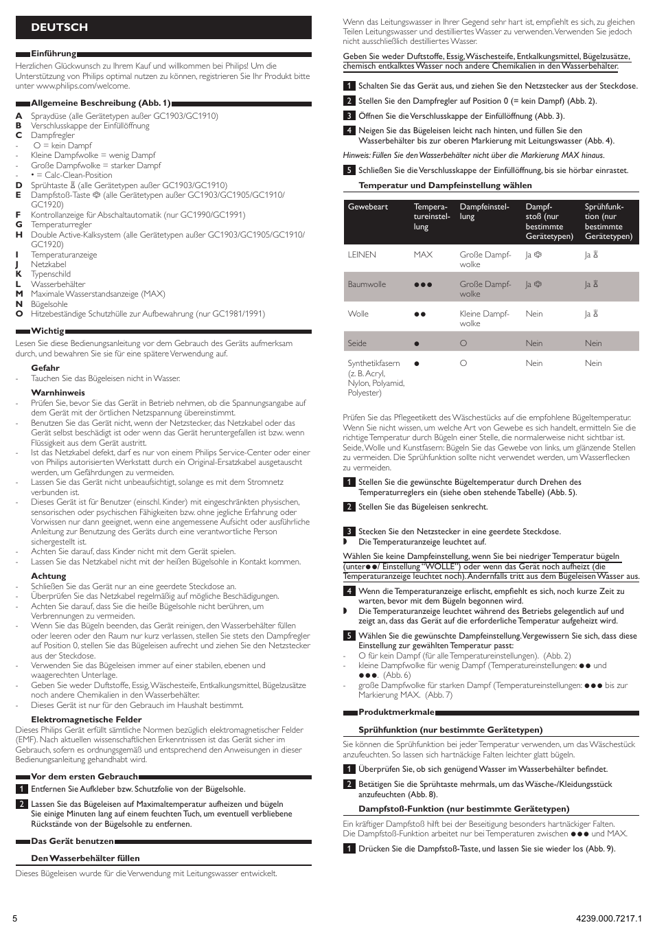 Deutsch | Philips 1900 series Fer vapeur User Manual | Page 5 / 13