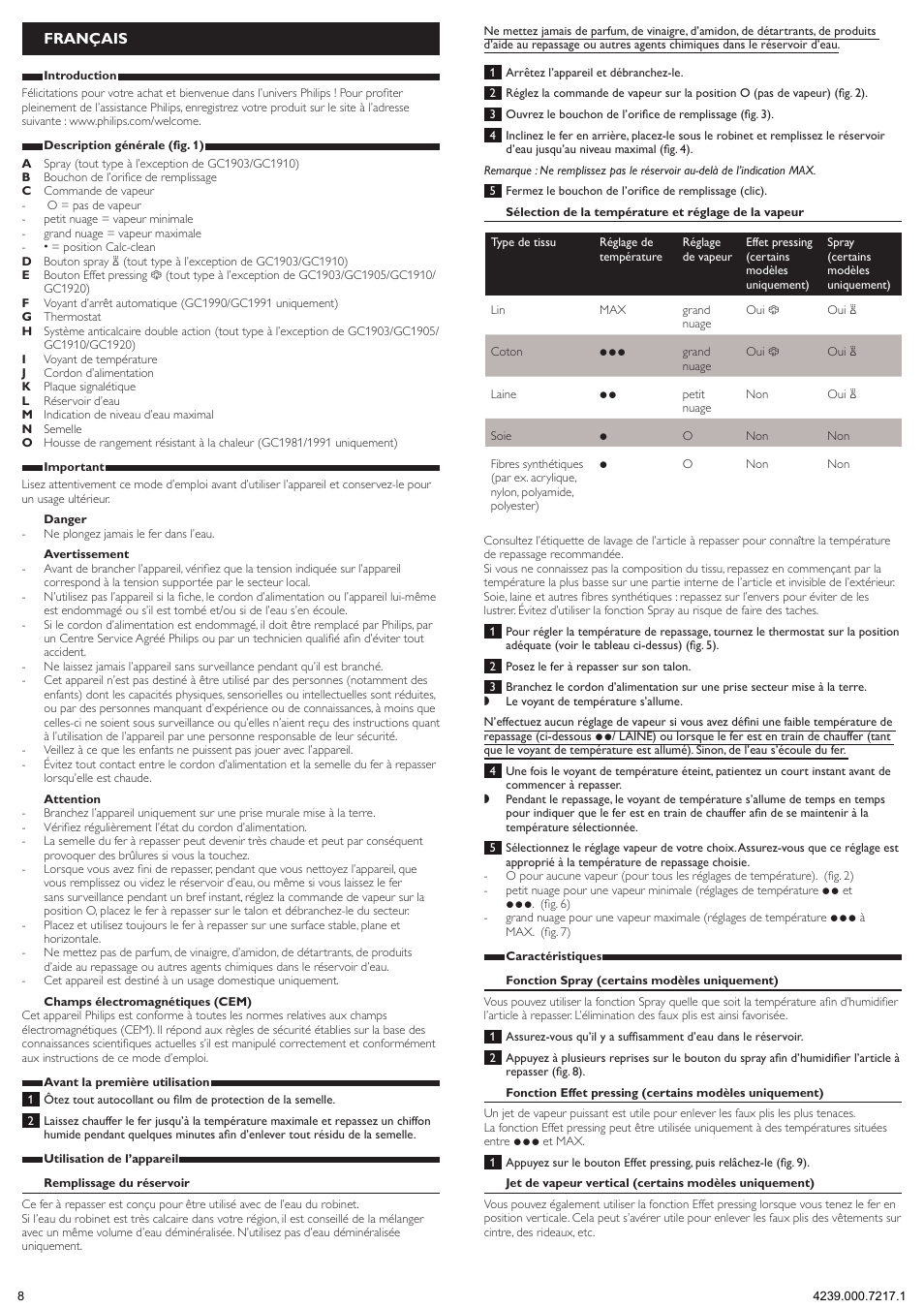 Français | Philips 1900 series Fer vapeur User Manual | Page 8 / 13