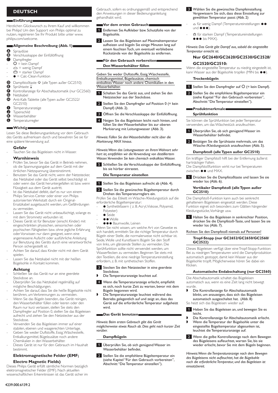 Deutsch | Philips 2500 series Fer vapeur User Manual | Page 6 / 9