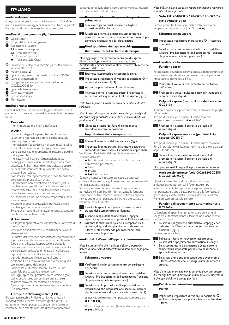 Italiano | Philips 2500 series Fer vapeur User Manual | Page 8 / 9