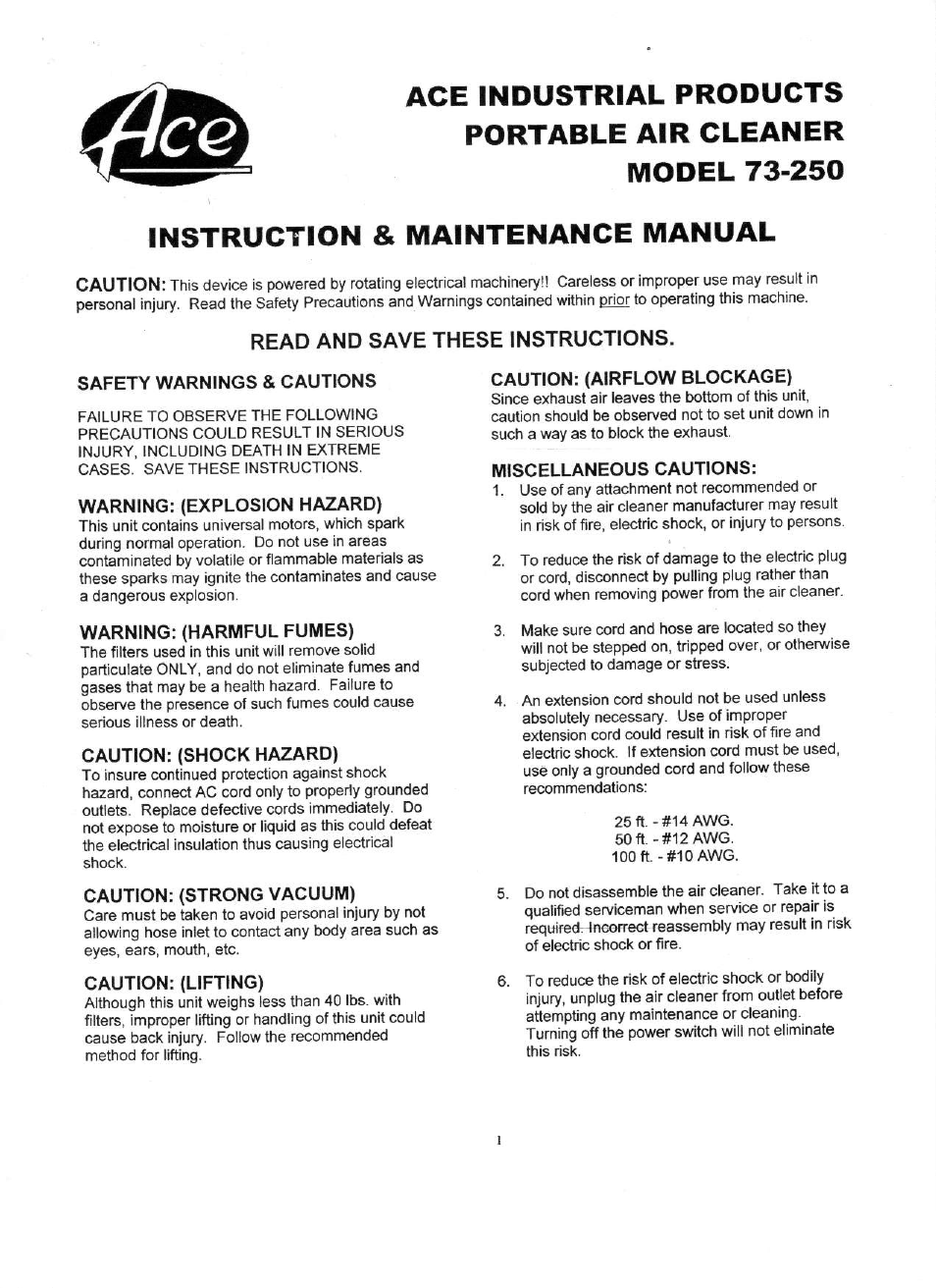 Associated Equipment 73-250 User Manual | 4 pages