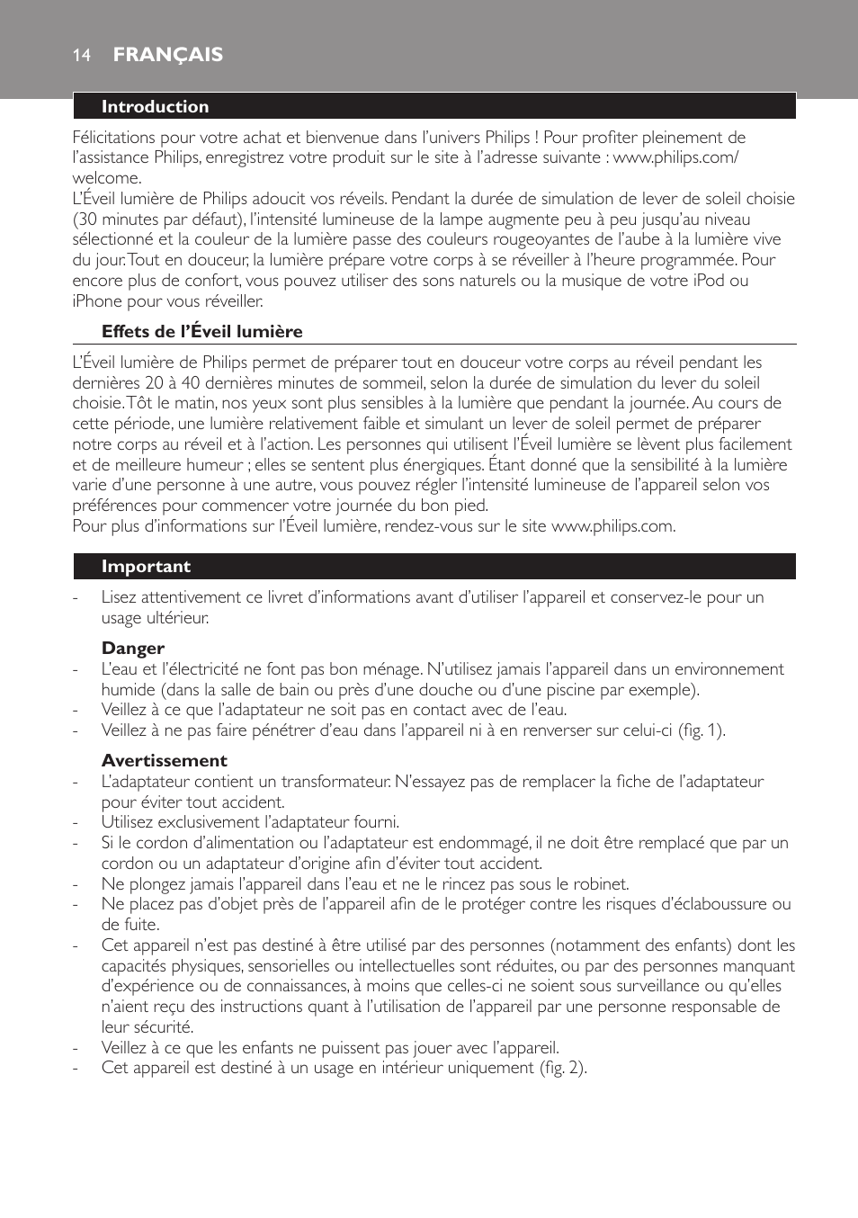 Français, Français 14 | Philips Éveil Lumière User Manual | Page 14 / 28