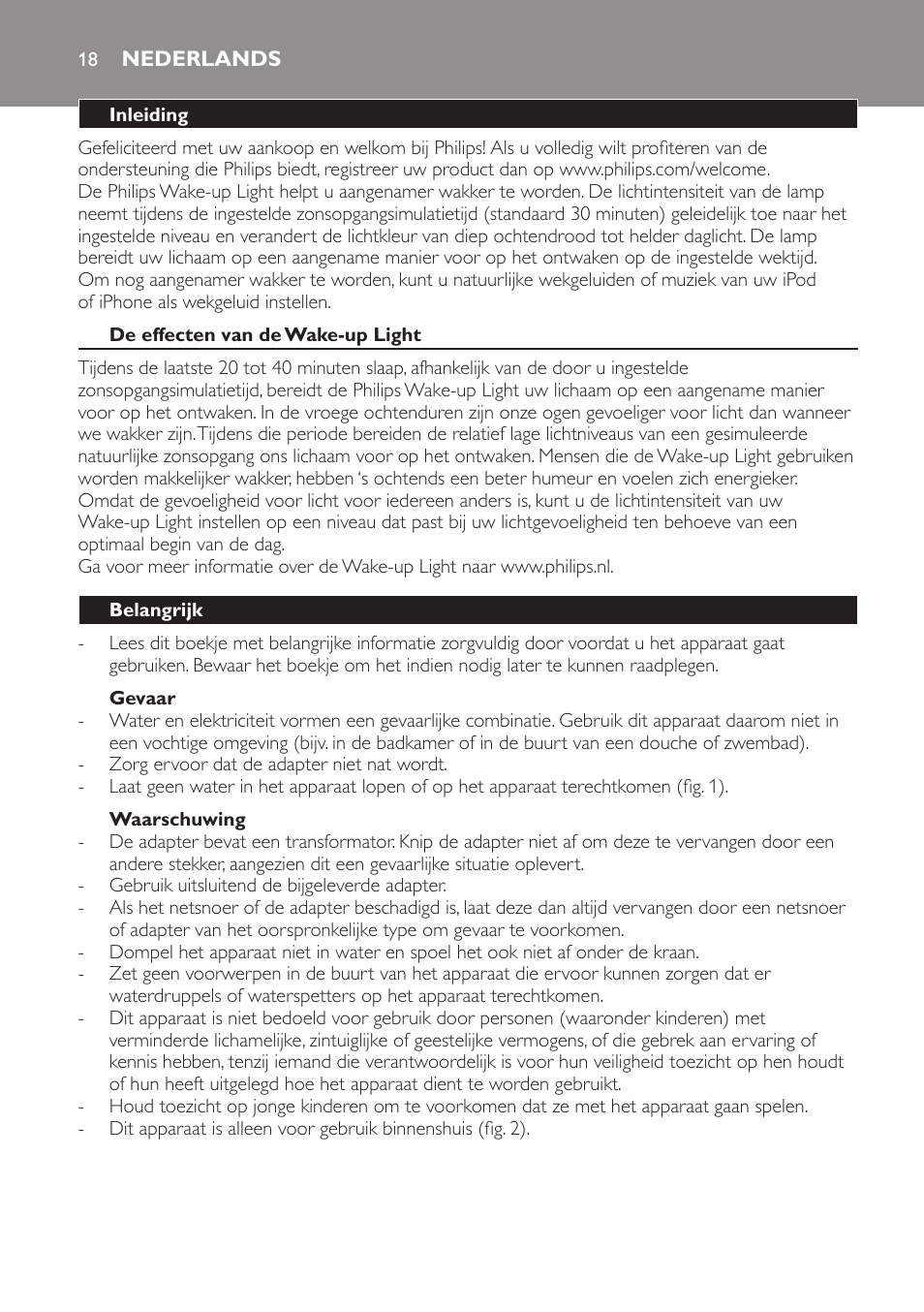 Nederlands, Nederlands 18 | Philips Éveil Lumière User Manual | Page 18 / 28