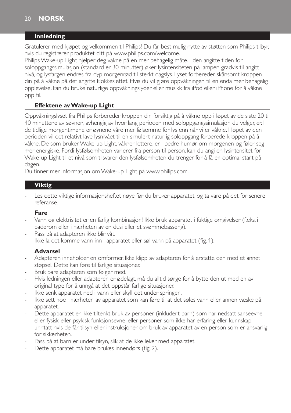 Norsk, Norsk 20 | Philips Éveil Lumière User Manual | Page 20 / 28