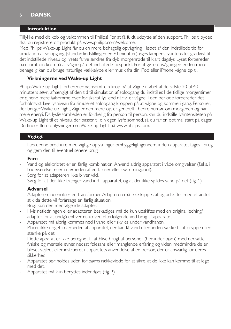 Dansk | Philips Éveil Lumière User Manual | Page 6 / 28