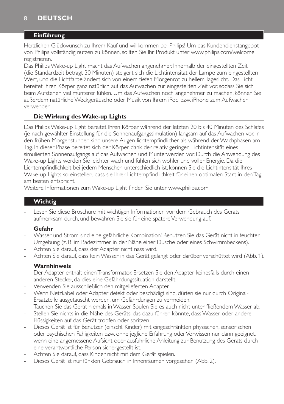 Deutsch, Deutsch 8 | Philips Éveil Lumière User Manual | Page 8 / 28