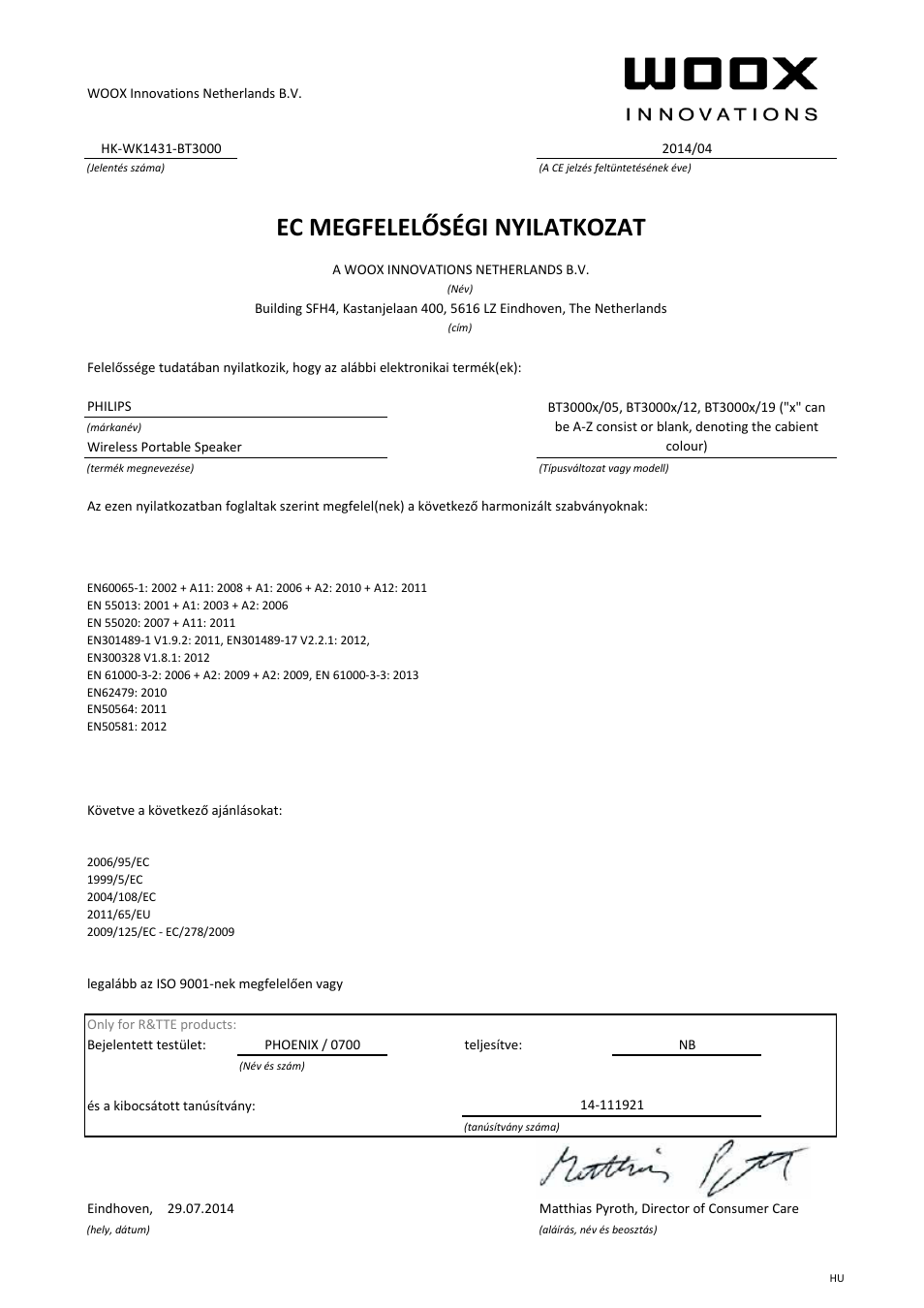 Ec megfelelőségi nyilatkozat | Philips Enceinte stéréo sans fil User Manual | Page 13 / 21