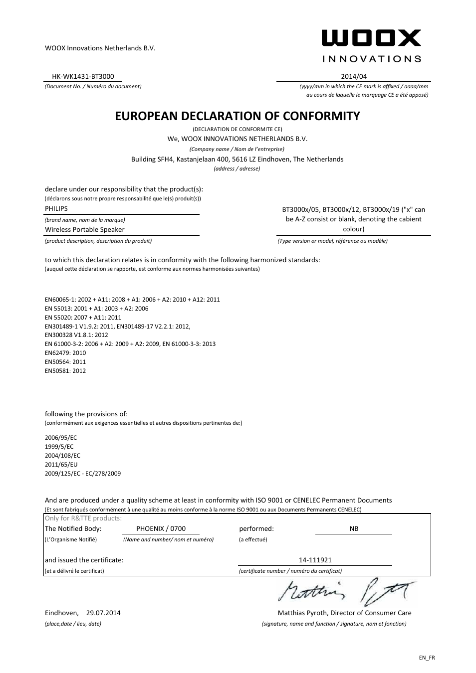 European declaration of conformity | Philips Enceinte stéréo sans fil User Manual | Page 2 / 21