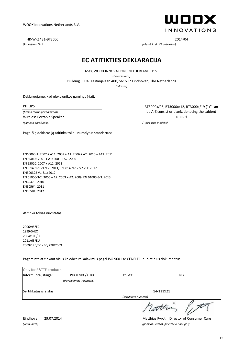 Ec atitikties deklaracija | Philips Enceinte stéréo sans fil User Manual | Page 20 / 21