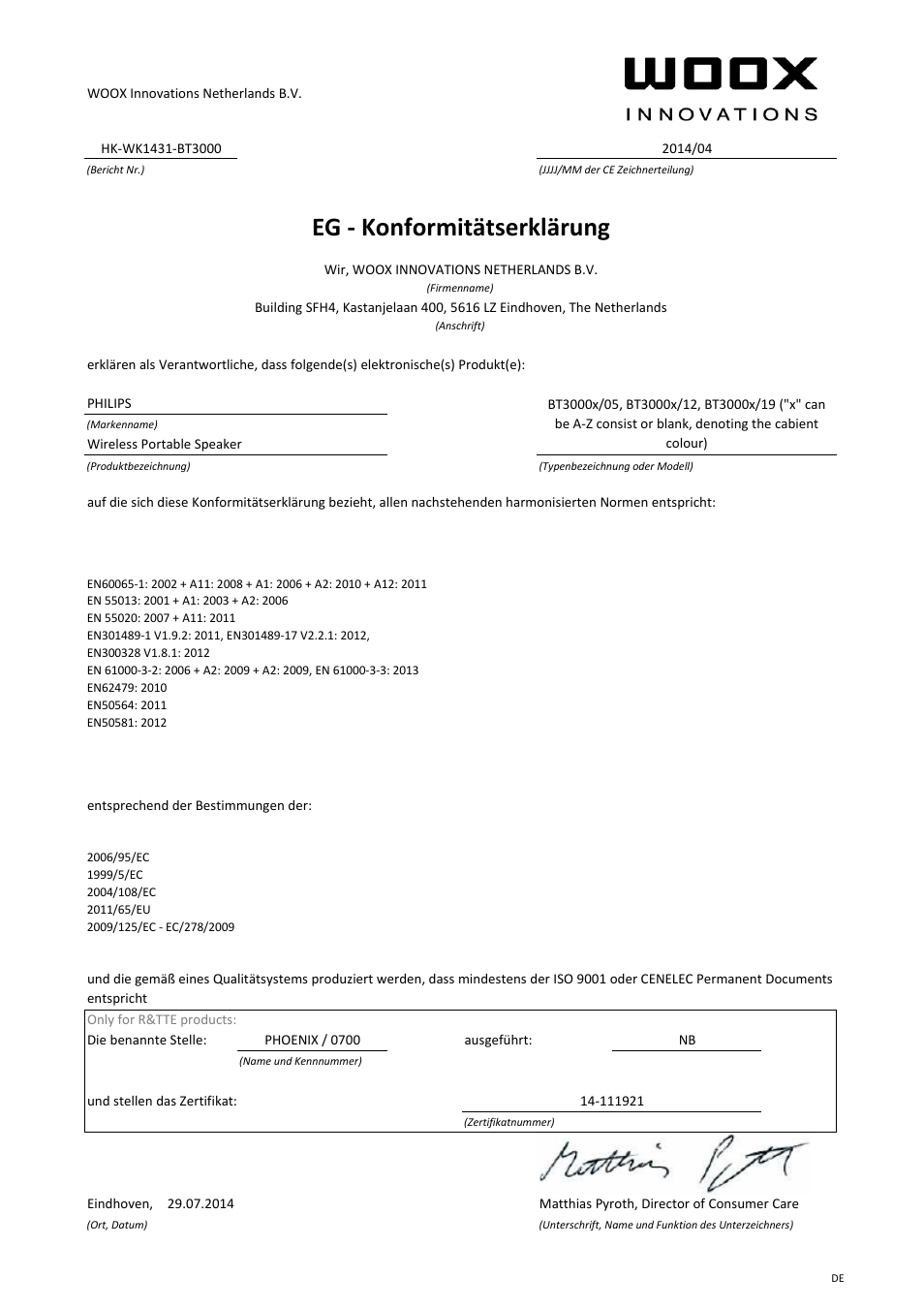 Eg - konformitätserklärung | Philips Enceinte stéréo sans fil User Manual | Page 3 / 21