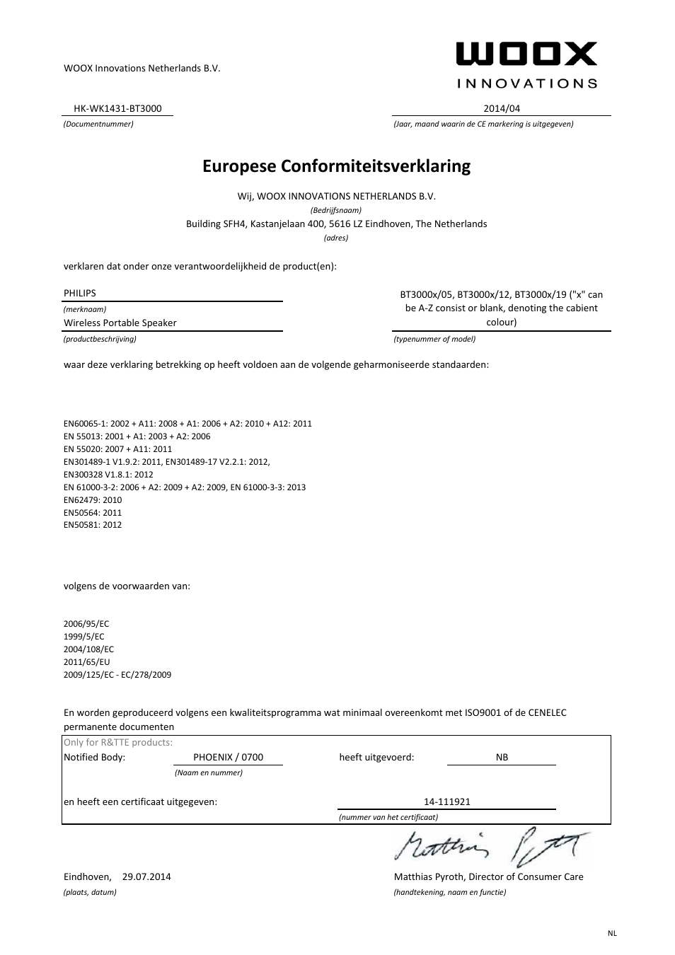 Europese conformiteitsverklaring | Philips Enceinte stéréo sans fil User Manual | Page 4 / 21