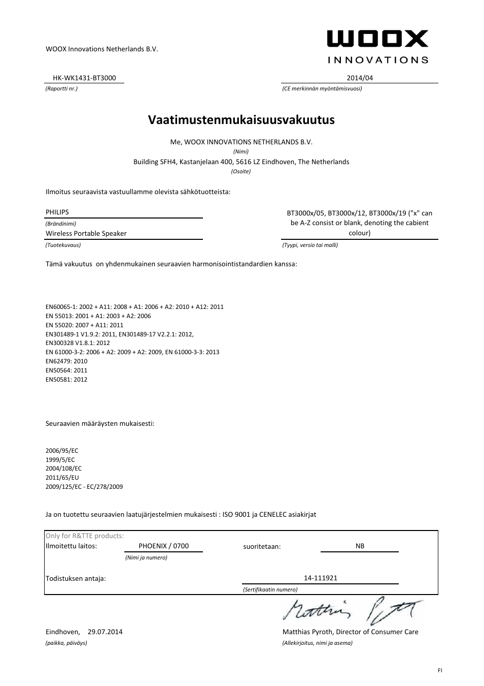 Vaatimustenmukaisuusvakuutus | Philips Enceinte stéréo sans fil User Manual | Page 6 / 21