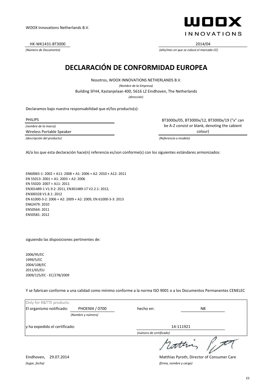 Declaración de conformidad europea | Philips Enceinte stéréo sans fil User Manual | Page 7 / 21