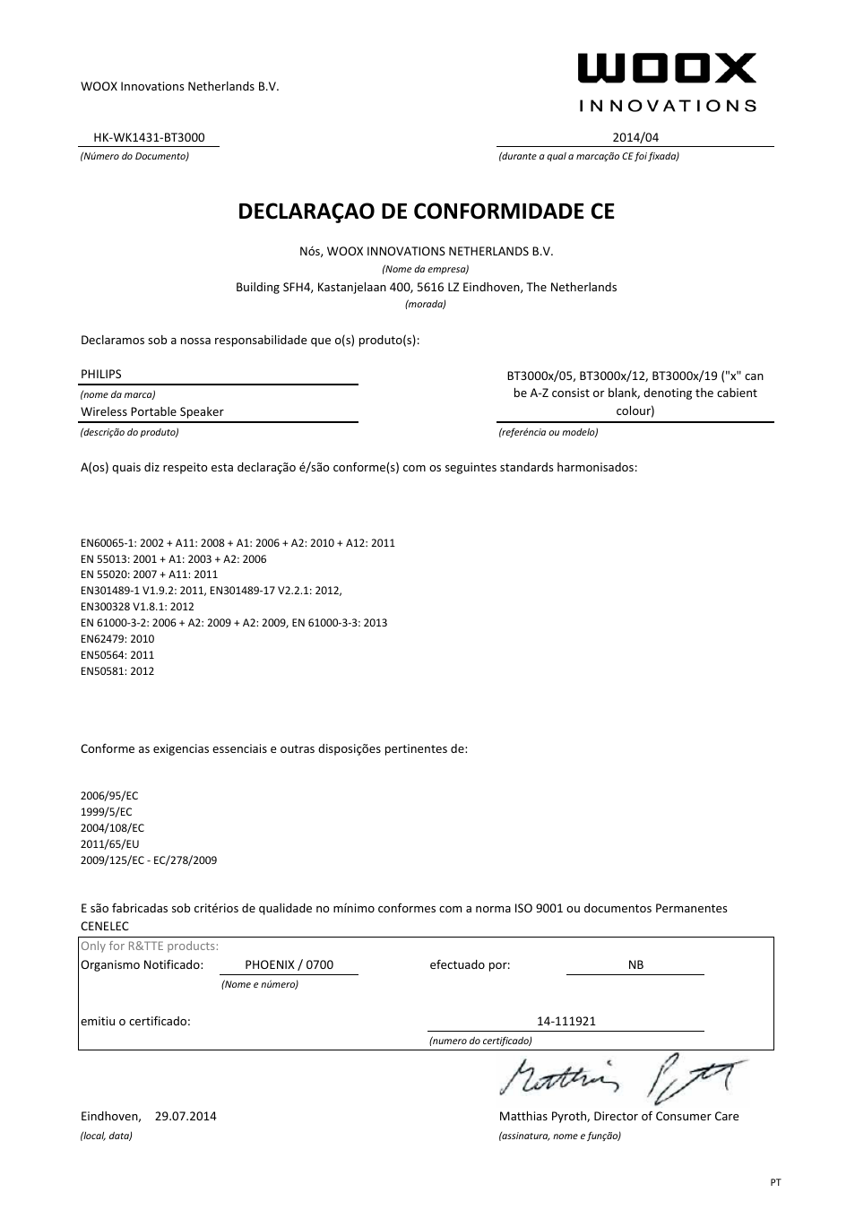 Declaraçao de conformidade ce | Philips Enceinte stéréo sans fil User Manual | Page 8 / 21