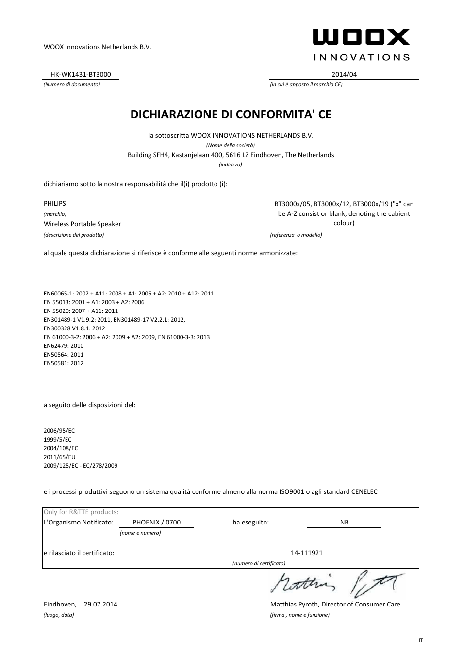 Dichiarazione di conformita' ce | Philips Enceinte stéréo sans fil User Manual | Page 9 / 21