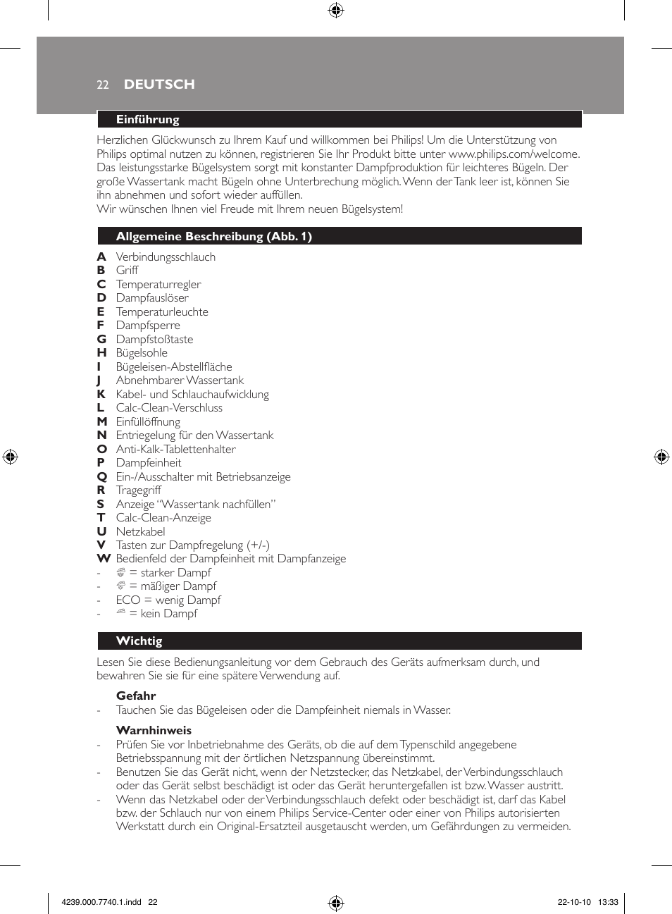 Philips Centrale vapeur haute pression User Manual | Page 22 / 120