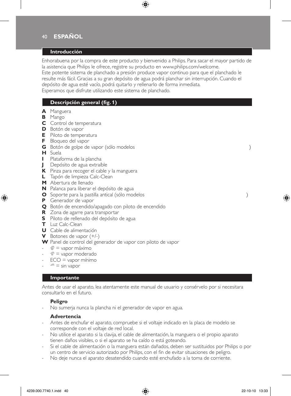 Philips Centrale vapeur haute pression User Manual | Page 40 / 120