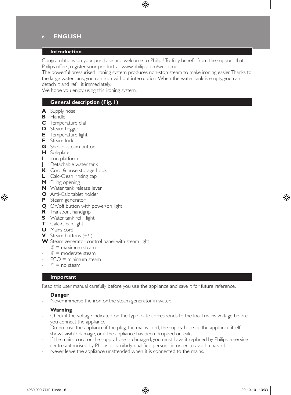 Philips Centrale vapeur haute pression User Manual | Page 6 / 120