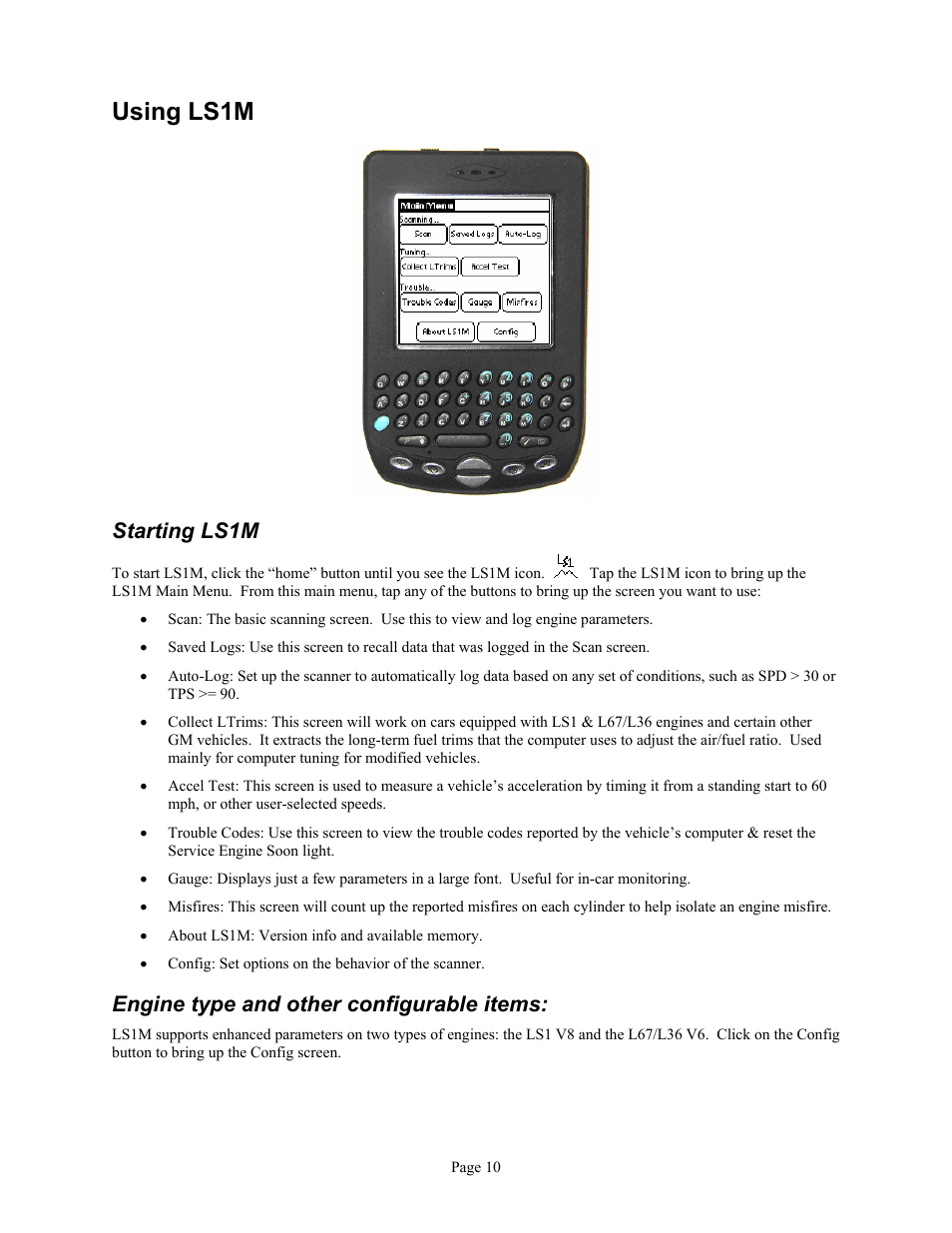 Using ls1m, Starting ls1m, Engine type and other configurable items | Associated Equipment GM L36 User Manual | Page 10 / 28